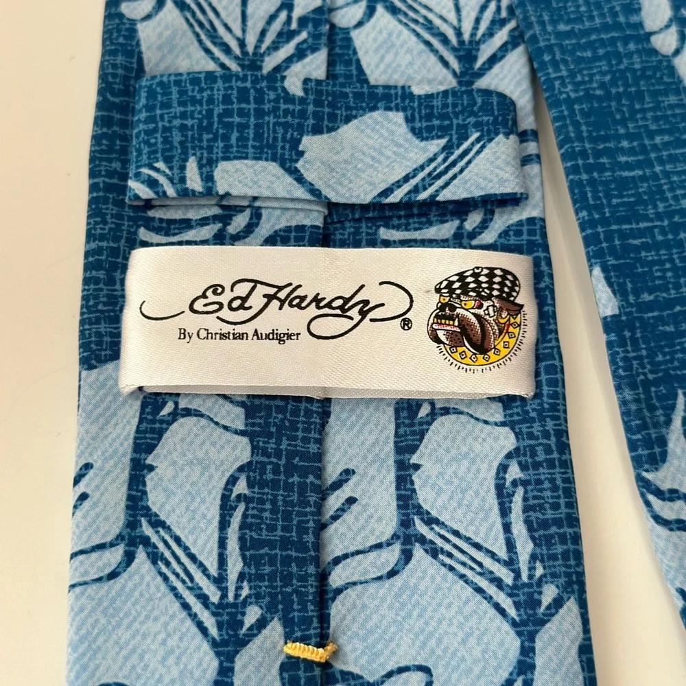 Ed Hardy by Christian Audigier Blue Skull Tattoo Graphic Neck Tie 57